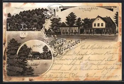 Lithographie Neukloster b. Hann., Gasthaus zum Bahnhof, Mühlenteich, Försterhaus