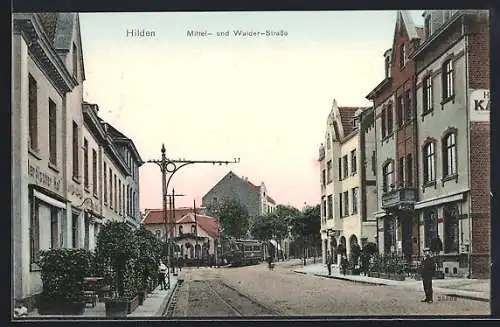 AK Hilden, Mittel-Strasse und Walder-Strasse, Hotel und Strassenbahn