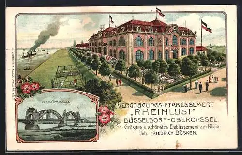 Lithographie Düsseldorf-Obercassel, Gasthaus & Vergnügungs-Etablissement Rheinlust