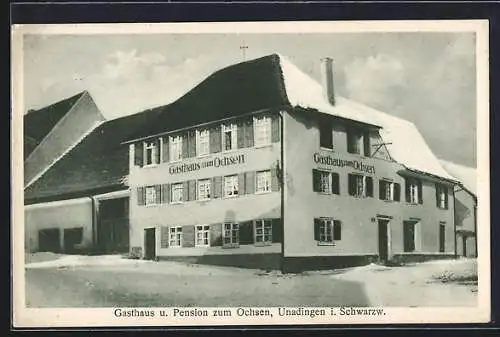 AK Unadingen i. Schwarzw., Gasthaus und Hotel zum Ochsen, Aussenansicht im Schnee