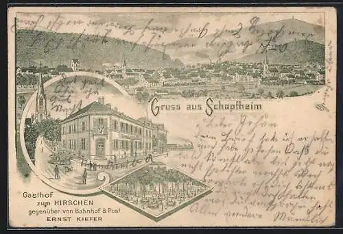 Lithographie Schopfheim, Gasthof zum Hirschen v. Ernst Kiefer und Panorama