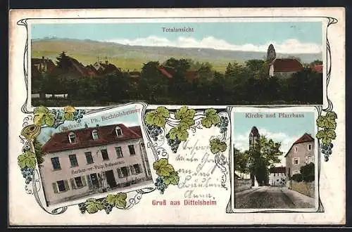 AK Dittelsheim, Totalansicht, Gasthaus v. Ph. Bechtoldsheimer und Kirche