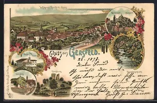 Lithographie Gersfeld /Rhön, Wasserkuppe, Ebersburg und Cascadenschlucht