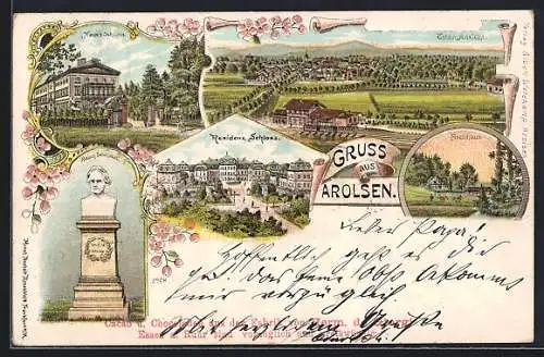 Lithographie Arolsen, Residenzschloss, Rauch-Denkmal und Fischhaus