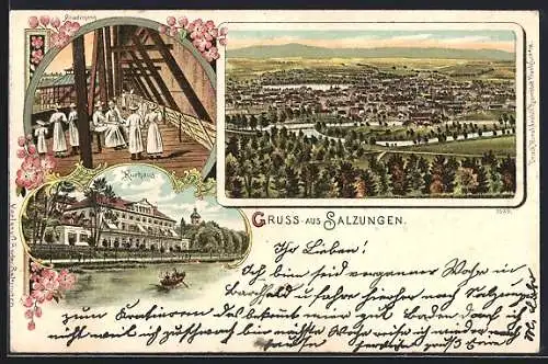 Lithographie Salzungen, Totalansicht, Gradirgang, Kurhaus