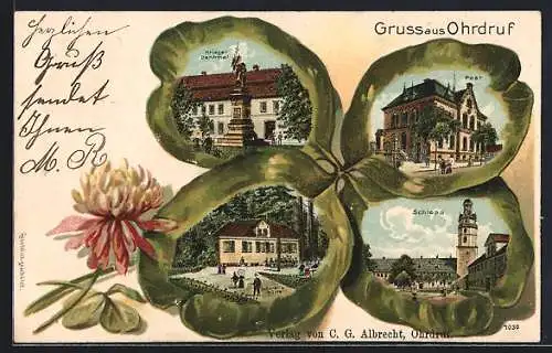 Passepartout-Lithographie Ohrdruf, Schloss, Post und Kriegerdenkmal in einem Kleeblatt