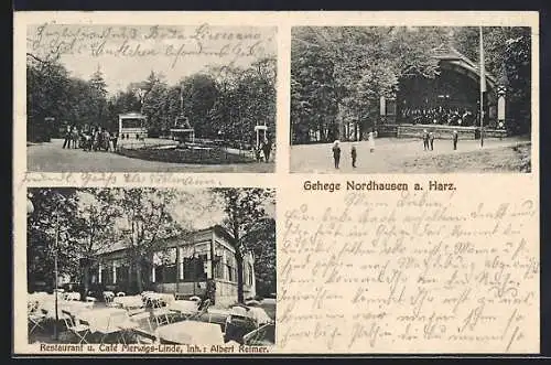 AK Nordhausen a. Harz, Restaurant u. Café Merwigs-Linde v. Albert Reimer, Orchester und Brunnen