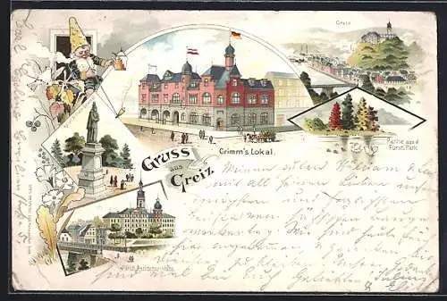 Lithographie Greiz, Grimm`s Lokal, Fürstl. Residenzschloss und Partie aus dem Park