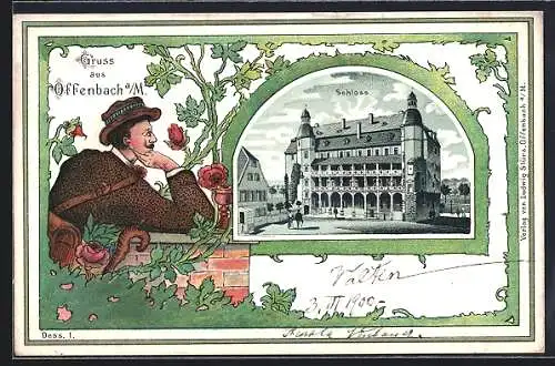 Passepartout-Lithographie Offenbach a. M., Partie am Schloss, florales Passepartout mit Ausflügler