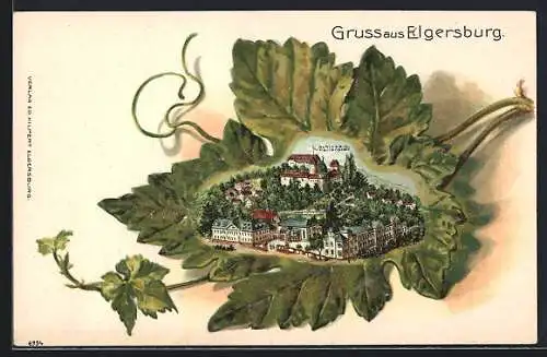 Passepartout-Lithographie Elgersburg, Schloss mit Heilanstalt aus der Vogelschau, Eichenblatt