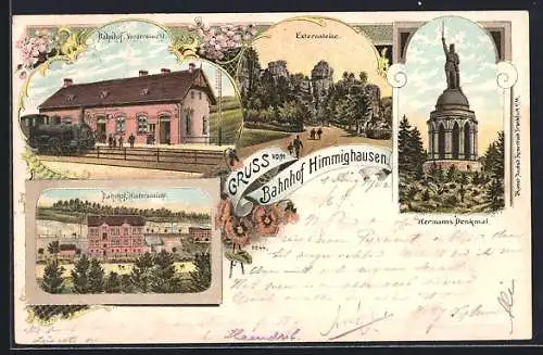 Lithographie Himmighausen, Bahnhof, Externsteine, Hermanns Denkmal