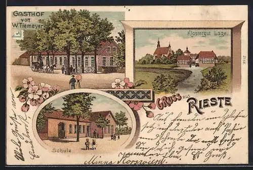 Lithographie Rieste / Klostergut Lage, Gasthof von W. Tiemeyer, Klostergut Lage, Schule