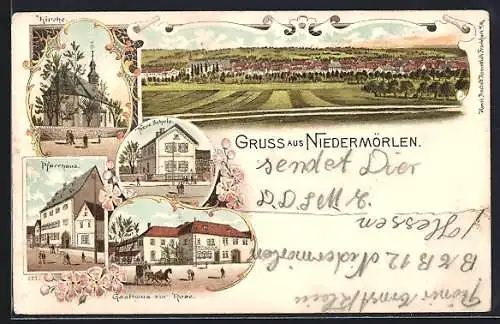 Lithographie Niedermörlen, Gasthaus zur Rose, Kirche, neue Schule, Pfarrhaus, Gesamtansicht