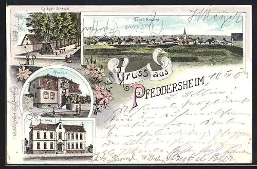 Lithographie Pfeddersheim, Krieger-Denkmal, Pfarrhaus, Schulhaus, Ortsansicht