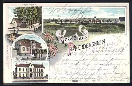 Lithographie Pfeddersheim, Krieger-Denkmal, Pfarrhaus, Schule, Ortsansicht