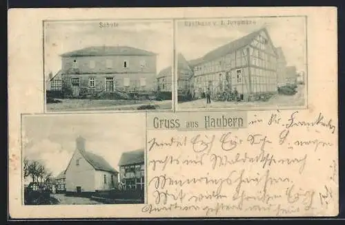 AK Haubern, Gasthaus v. J. Jungmann, Schule, Kirche