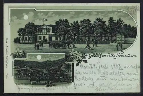 Mondschein-Lithographie Saalborn, Das Gasthaus Polka Neusaalborn, Ortsansicht