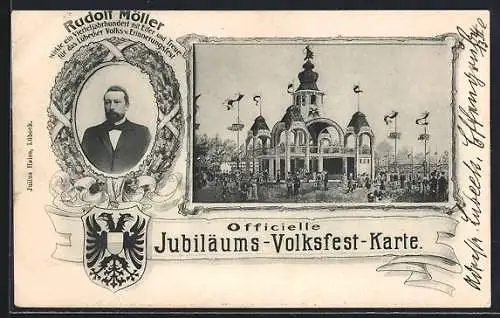 AK Lübeck, Jubiläums-Volksfest-Karte, Festzelt und Portrait Rudolf Möller