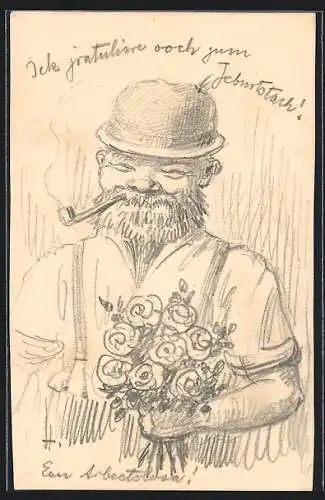 Künstler-AK Handgemalt: Geburtstagskarte, Mann überreicht einen Blumenstrauss