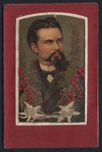 Trockenblumen-AK Ludwig II. mit aufgeklebten Trockenblumen