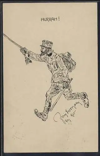 Künstler-AK Handgemalt, sign. Fritz Dworzak: Soldat rennt mit gezücktem Säbel