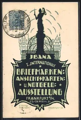 AK Frankfurt, I. Int. Briefmarken-, Ansichtskarten- u. Notgeld-Ausstellung Ibana 1921, Globus-Verband