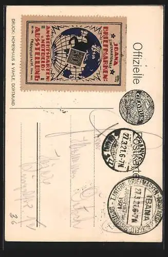 AK Frankfurt, I. Int. Briefmarken-, Ansichtskarten- u. Notgeld-Ausstellung Ibana 1921, Globus-Verband