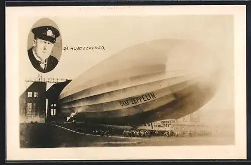 AK Portrait Dr. Hugo Eckener und Luftschiff Graf Zeppelin