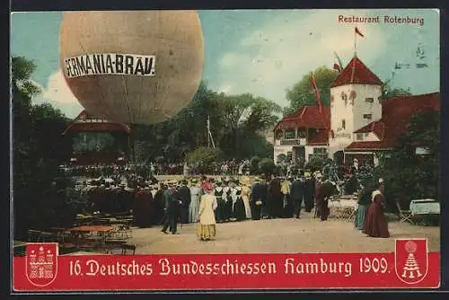 AK Hamburg, 16. Deutsches Bundesschiessen 1900, Schützenfest, Ballon Germania-Bräu, Restaurant Rotenburg