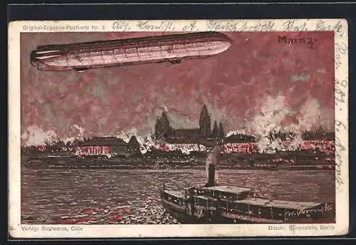 Künstler-AK Mainz, Teilansicht und Zeppelin