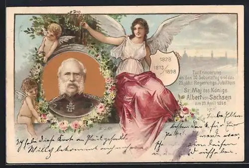 Lithographie 25 jähr. Regierungs-Jubiläum Sr. Maj. König Alberts v. Sachsen, Engel