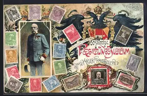 Passepartout-AK Portrait und Briefmarken von Kaiser Franz Josef I. von Österreich