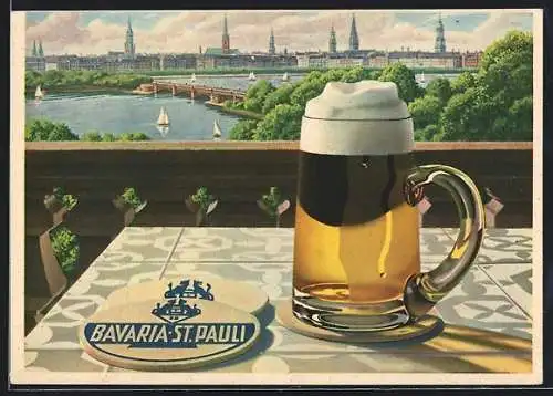 Künstler-AK Hamburg-St. Pauli, Brauerei Bavaria-St. Pauli, Tisch mit Bierkrug und Blick auf den Ort