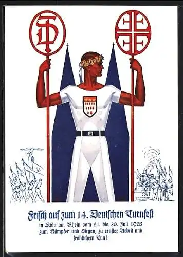 AK Köln, 14. Deutsches Turnfest 1928, Turner mit Fahnen, Wappen, Eisenbahn, Dom