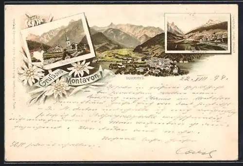 Vorläufer-Lithographie Schruns /Montafon, 1894, Ortsansicht, Gaschurn, Gargellen, Panorama