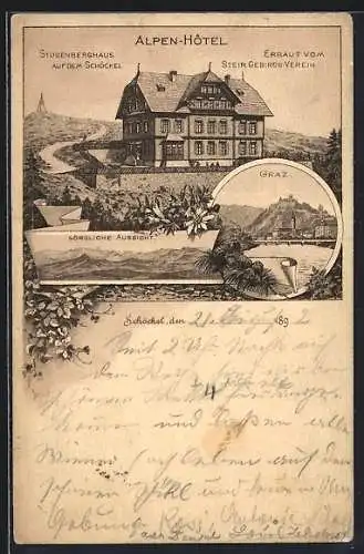 Vorläufer-Lithographie Graz, 1892, Alpen Hotel Stubenberghaus auf dem Schöckel, Panorama mit Schlossberg