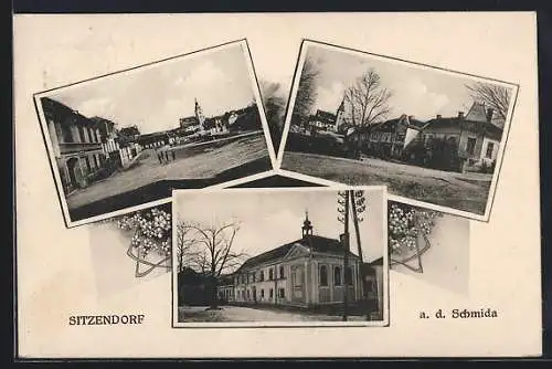 AK Sitzendorf a. d. Schmida, Platzpartie mit Blick zur Kirche, Ortspartie