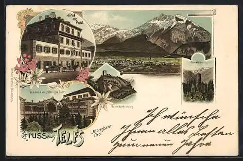 Lithographie Telfs, Hotel zur Post, Ruine Klamm, Ruine Hörtenberg, Pferdekutsche