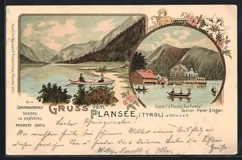 Lithographie Plansee, Panorama, Gasthof & Pension Zur Forelle, Besitzer: Peter Singer