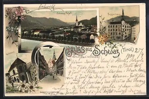 Lithographie Schwaz, Totalansicht, Fuggerhaus, Rathaus