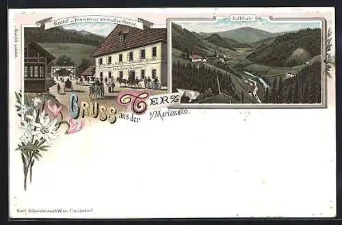 Lithographie St. Aegyd am Neuwalde, Gruss aus der Terz bei Mariazell, Gasthof u. Pension zur steirischen Grenze, Hallthal