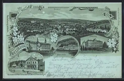 Mondschein-Lithographie Pressbaum, Klaghofer`s Gasthof mit Garten, Pensionat Sacre Coeur, Kirche und Schule