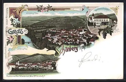 Lithographie Schönberg a. Kamp, Geschäftshaus Ludw. Hietl, Gesamtansicht