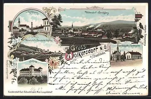 Lithographie Wolkersdorf an der Staatsbahn, Kirchenplatz, Schloss, Lourdeskapelle & Kindergarten