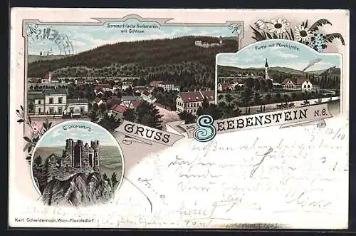 Lithographie Seebenstein, Ansicht mit dem Schloss, Türkensturz, Partie mit Pfarrkirche