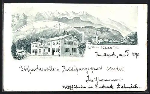 Lithographie Rinn /Tirol, Die Villa Zimmermann, Ortsansicht