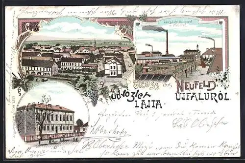 Lithographie Neufeld, Jute-Spinnerei & Weberei Lung, Ortsansicht