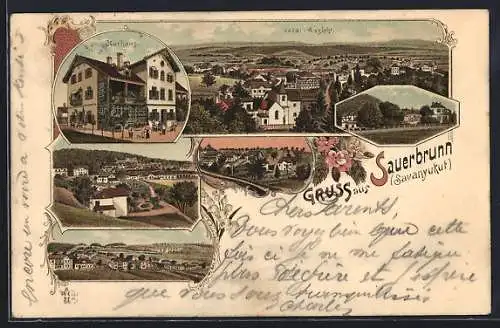 Lithographie Bad Sauerbrunn, Kurhaus und Ortsansichten