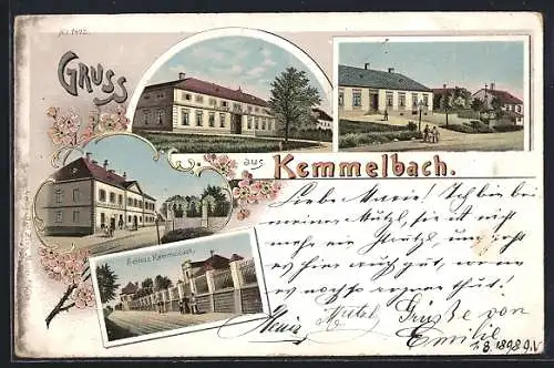 Lithographie Neumarkt an der Ybbs, Gruss aus Kemmelbach, Schloss, Strassenpartie, Haus Brüder Marjer