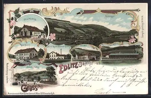 Lithographie Edlitz /N.Ö., Ed. Lixl`s Handlung, Hotel Treitl, Nestle`s Kinder-Nährmehl-Fabrik, Bahnhof